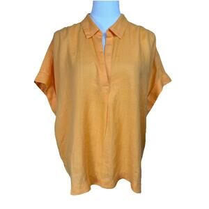 Chico's 2 (12) 100% Linen Top Blouse Popover Mango Cap Sleeves Boxey Spring
